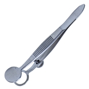 Hunt Chalazion Forceps, Serrated Handle With Polished Finish, Locking Thumb Screw, Round Solid 15mm Wide Lower Plate, Open Upper Plate With Inside Diameter Of 12mm, And Overall Length Of 3 3/4" (97mm)  